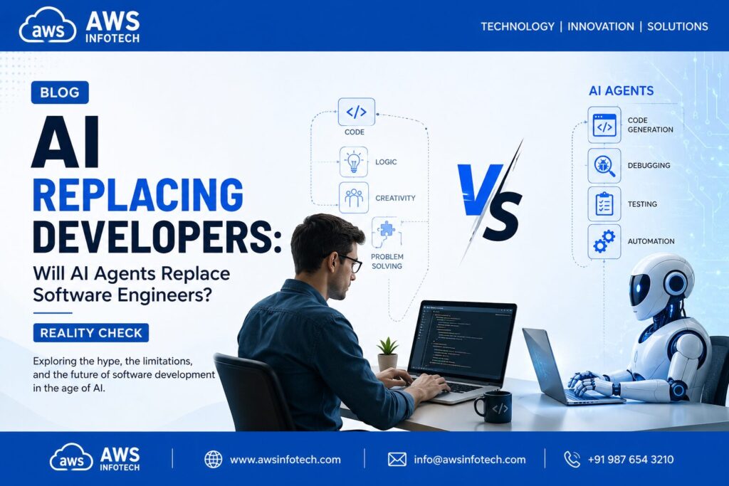 AI Replacing Developers debate showing an AI agent and software engineer working side by side in modern software development.