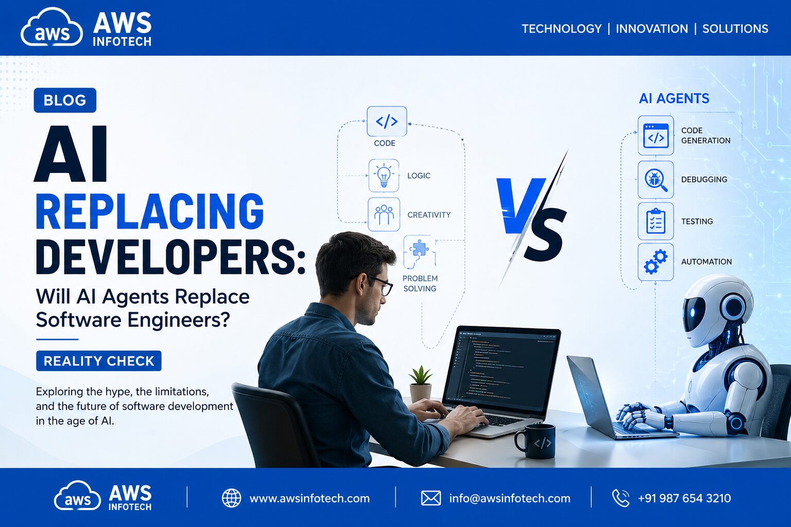 AI Replacing Developers debate showing an AI agent and software engineer working side by side in modern software development.