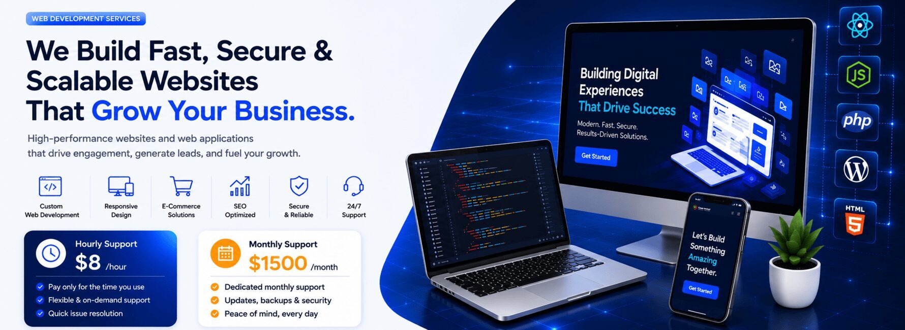 AWS Infotech web development services banner featuring custom website development, eCommerce solutions, hourly support from $8 and monthly support plans from $1500.