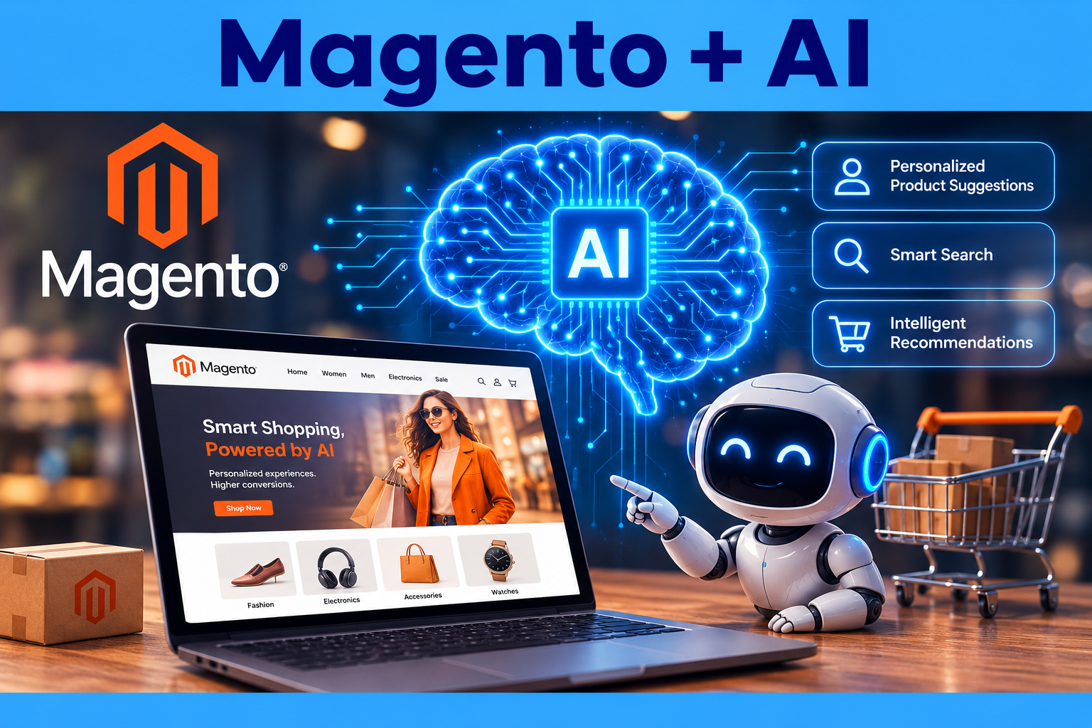 Magento + AI powering smarter eCommerce with personalized shopping, smart search, product recommendations, and AI automation.